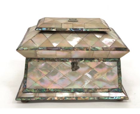 19th Century Mother of Pearl & Abalone Tea Caddy. A fine mid Victorian example, raised on bun feet. The hinged lid revealing 