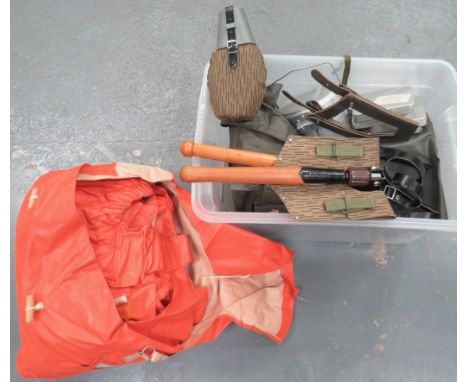 Selection of East German Equipment consisting orange survival jacket and trousers in transit bag ... Entrenching tool in camo