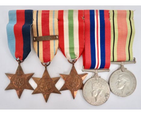 WW2 British Campaign Medal Group of Five Medals. Comprising: 1939/45 Star, Africa Star, clasp “8th Army”, Italy Star, War Med