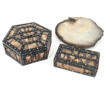 Two Early 20th Century Quill Boxes consisting octagonal box in dark wood with bone insets and quill panels.  The interior wit