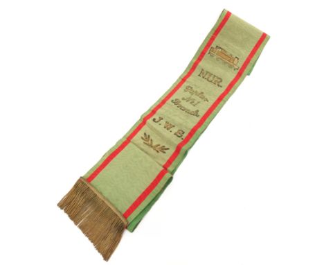 National Union of Railwaymen Poplar No.1 Branch Sash. A green cloth shoulder sash, with gold bullion embroidery. Slight fadin