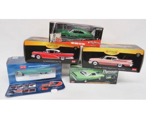 Selection of Five American 1:18th Scale Classic Car Models. Including: 1970 Plymouth, 1956 Mercury Mont Clair and 1958 Buick.