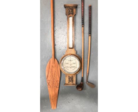 1920 Period Banjo Barometer oak framework with carved panels.  Top thermometer and lower barometer.  Together with two vintag