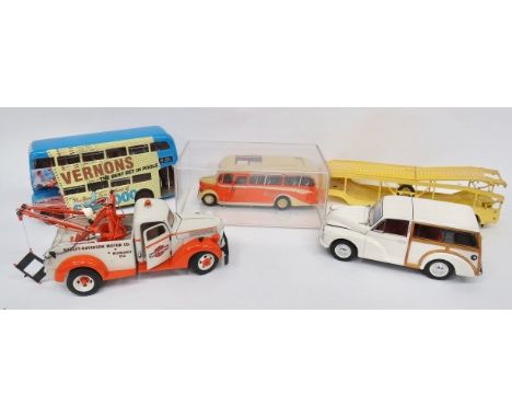 Selection of Five Commercial Vehicles, large Scale  Including London Bus with Vernons advertising,  Yelloway vintage bus, Mor