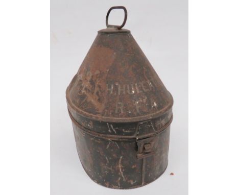 Victorian / Edwardian British Army Home Service Helmet Storage Tin Japanned finish now dull, complete with carrying handle.