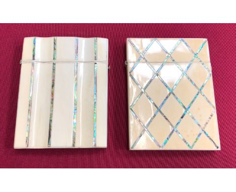 Two Antique 19th century card cases with mother of pearl Decoration. Each example retaining hinge and catch.