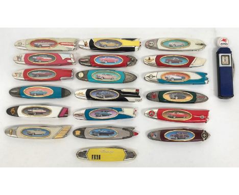 Collection of Automobilia Classic American Car Pen Knives. Each blade is etched with the name of a classic American car and t