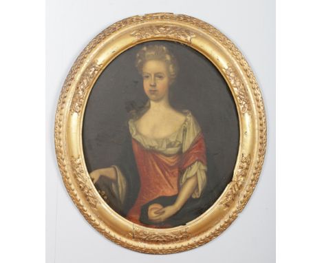 An 18th century Continental gilt framed oval oil on canvas. Portrait of a lady, label for George Hughes 72cm x 61cm.