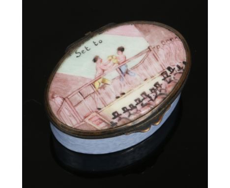 A late 18th / early 19th century Staffordshire enamel snuff box of oval form and with hinged cover. Decorated to the top with