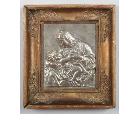 A 19th century Continental gilt framed relief work white metal plaque, portrait of the Madonna and child, 18cm x 14.75cm.