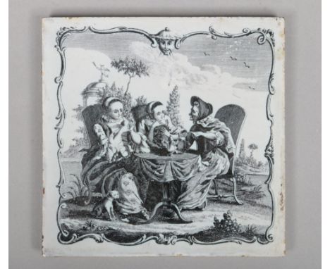 An 18th century Liverpool delft tile printed by Sadler and Green with the Fortune Teller at teatime, 12.75cm square.&nbsp;