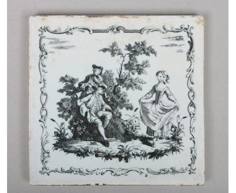 An 18th century Liverpool delft tile printed by Sadler and Green with Nancy Dawson dancing the horn pipe, border 88, 12.75cm 