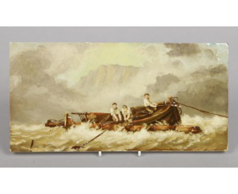 A Burmantofts tile painted with impasto enamel. Depicting a maritime scene with a shipwreck and sailors fleeing in a rowing b