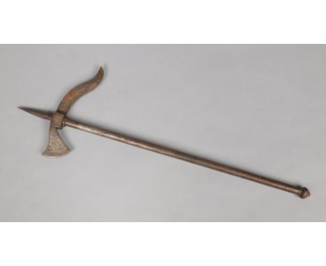 A 19th century Indo-Persian steel hand axe with niello decoration, 72cm.