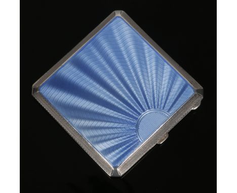 An Art Deco square silver and blue guilloche enamel powder compact by W. A. Perry &amp; Co. Assayed Birmingham 1938, 6.75cm s