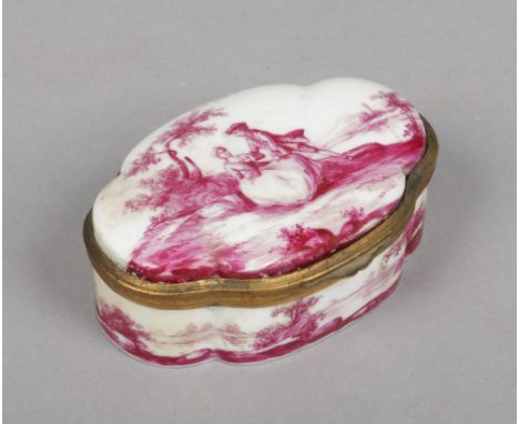 A 19th century Meissen style quatrefoil snuff box with hinged cover and gilt metal mount. Painted in&nbsp;puce camaieu with a