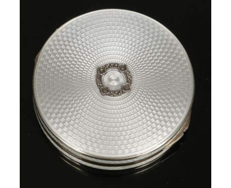 A George V silver gilt and white guilloche enamel powder compact by Albert Carter decorated with marcasites. Assayed Birmingh