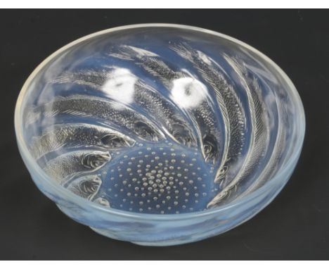 A Rene Lalique opaline Art Deco coupe bowl decorated in the Poissons pattern. Reverse moulded with a band of fish around a ce