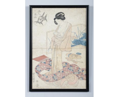 Kunisada, framed Japanese woodblock print. Portrait of a Bijin disrobing. Signed, publishers seal Yamamoto, Heikichi, 37cm x 