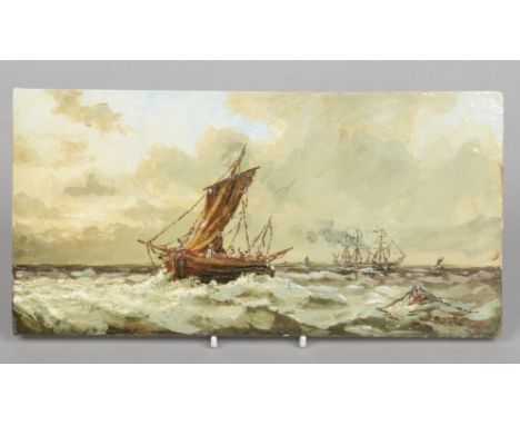 A Burmantofts tile painted with impasto enamel. Depicting a maritime scene with a fishing boat and paddle steamer. Monogramme