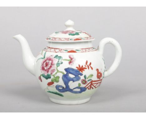 A Richard Chaffers Liverpool teapot and cover. Painted in the famille rose style with a garden landscape c.1760, 13.25cm.Cond