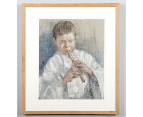 An early 20th century Italian school oak framed pastel portrait of a boy playing a flute. Signed indistinct, 49cm x 40cm