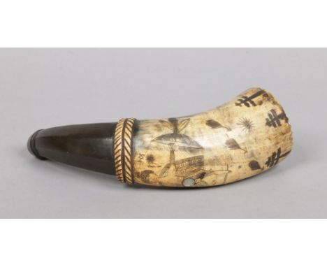 A 18th century Continental horn hunting flask with incised figural decoration, 25cm.