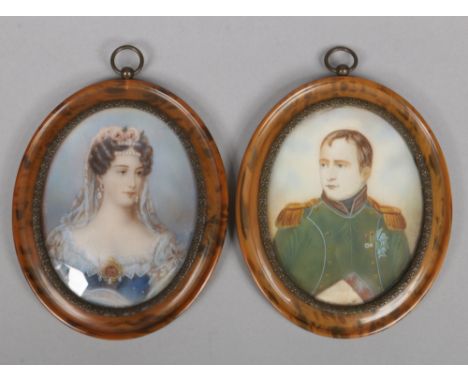 A pair of late 19th / early 20th century Ivory portrait miniatures of Emperor Napoleon Bonaparte and Josephine in oval tortoi