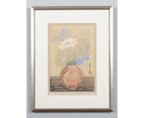 A Japanese framed coloured etching. Still life, vase containing peonies. Signed, 32cm x 21cm.