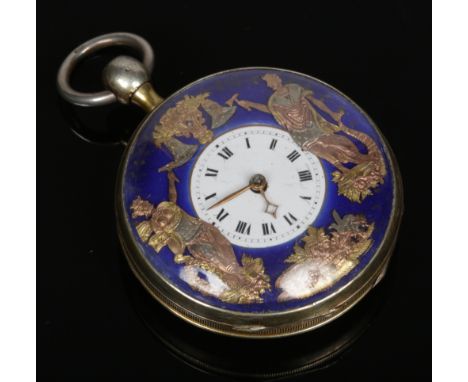 An early 19th century Swiss jacquemart automaton quarter chiming pocket watch. With enamel dial having Roman numeral markers 