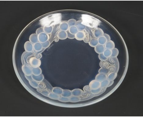 A Rene Lalique Art Deco small opaline glass dish in the Marienthal design. Decorated to the underside with a moulded band of 