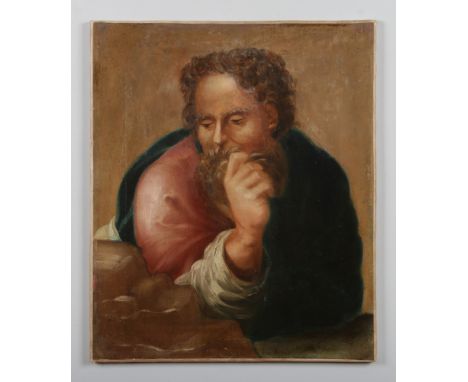 A 19th century unframed oil on canvas. Religious school, portrait of a pensive Saint, 60cm x 51cm.