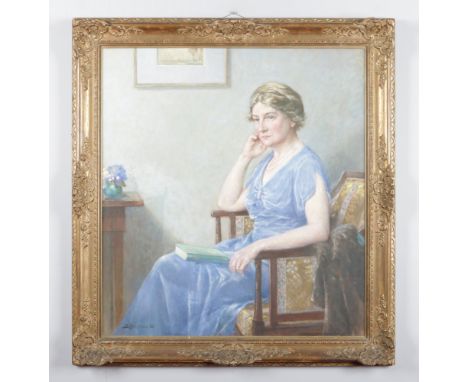 Bertram Walter Priestman R. A. (1868-1951) large gilt framed oil on canvas. Portrait of a lady wearing a blue dress and pearl