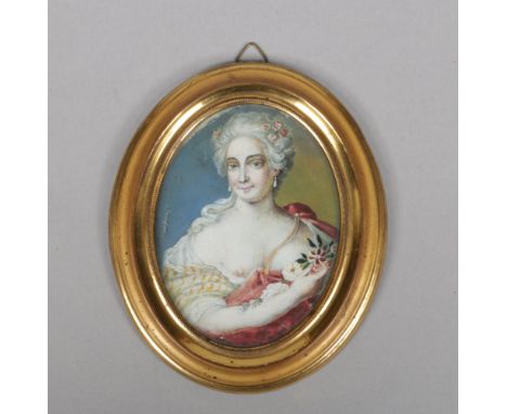 A 19th century French portrait miniature of a lady in oval gilt frame. Signed Boucher, 9cm x 7cm.