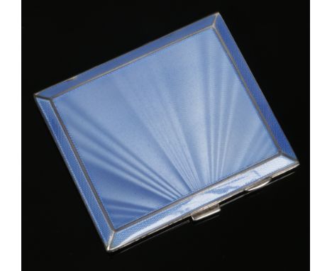 An Art Deco silver and blue guilloche enamel powder compact having beveled edges by Mapping &amp; Webb. Assayed Birmingham 19