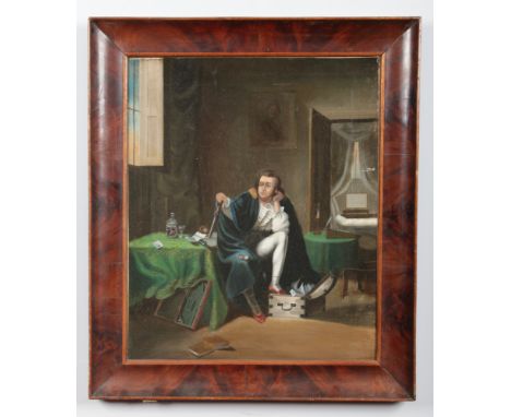 A 19th century mahogany framed oil on canvas. Interior scene, portrait of a mournful soldier, 60.5cm x 50cm.