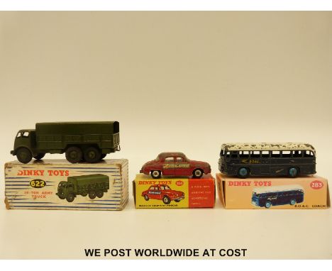 Three Dinky Toys diecast model vehicles Renault Dauphine Minicabs 268 in original box, BOAC Coach 283 in box and 10-ton Army 