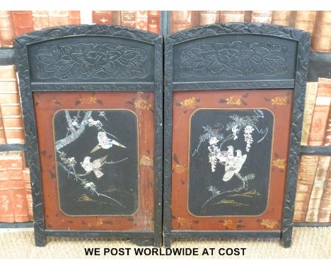 A two part Chinese screen set with mother of pearl and abalone depicting birds within lacquer and hardwood border (30 x 50)