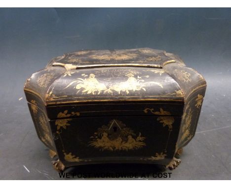A Chinese lacquer tea caddy with a two-division pewter interior (22cm long)