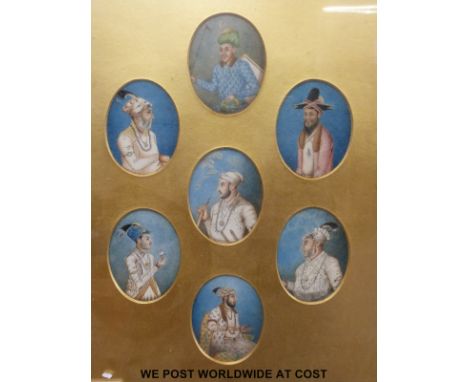 Seven oval portrait miniatures on ivory depicting Turkish sultans, in a gilt frame