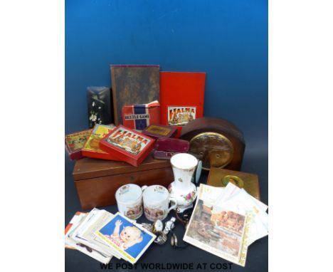An Art Noveau box, mantel clock, Shelley commemorative mugs, vintage games and postcards including Mabel Lucie Attwell. 