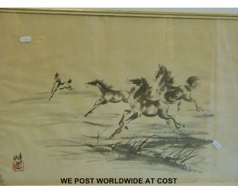 Two Chinese pictures depicting galloping horses with seal marks 