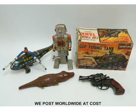 Marx Battery Operated Cap Firing Tank in original box together with a Yoneya, Japan, tin plate clockwork Mechanical Walking R