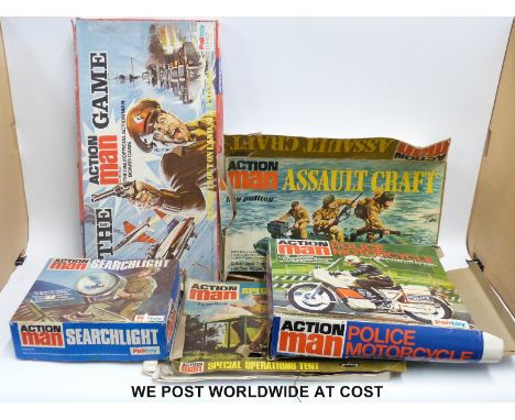 Five Action Man accessories, Assault Craft, Police Motorcylcle, Search Light, Special Operations Tent and Action Man The Game