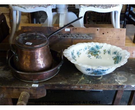 Two copper pans, ceramic basin, doll's house furniture