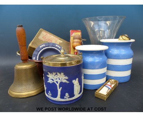 Copper items, brass bell, scales etc together with  Wedgwood & T G Green items etc