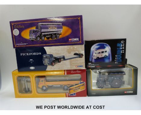 Five Corgi diecast model commercial vehicles Cadbury's Dairy Milk Chocolate 12101, Pickfords ERF Low Loader CC10202, Road Tra