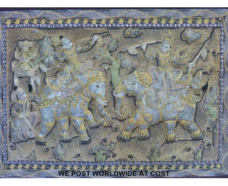 A decorative Thai / Eastern tapestry featuring figures riding elephants (60 x 85cm)