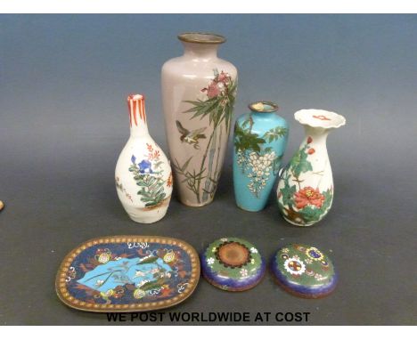 Japanese cloisonne vases, two Japanese ceramic vases, a Chinese cloisonne pin dish etc 