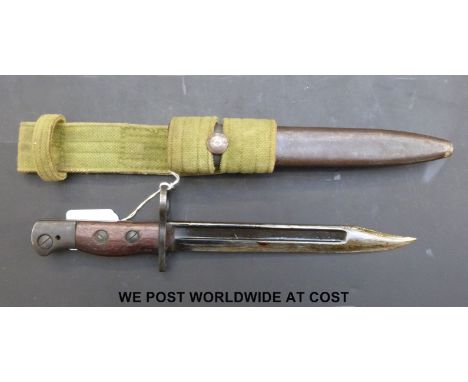 No.5 jungle carbine bayonet stamped M/78, with scabbard and frog, c1940 (overall length 32cm)